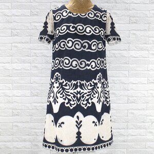 J. CREW Tall India Dress Summer Swirl Stripe Navy Blue Cream Lace Abstract 6